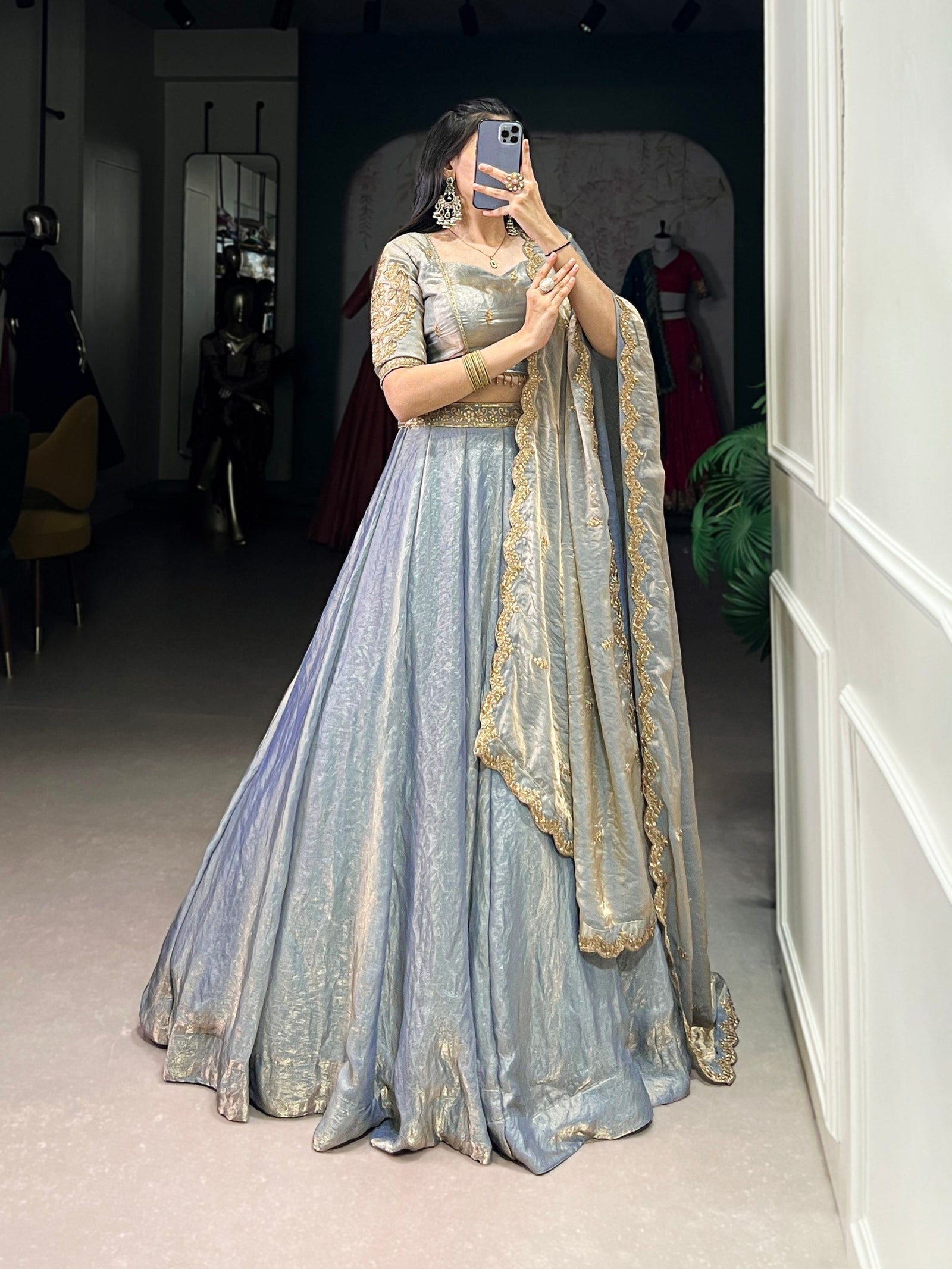 Sky Blue Designer Fendi Lehenga Choli Set with Sequins & Thread Embroidery  Heavy Flair Stitched Lehenga with Dupatta ClothsVilla