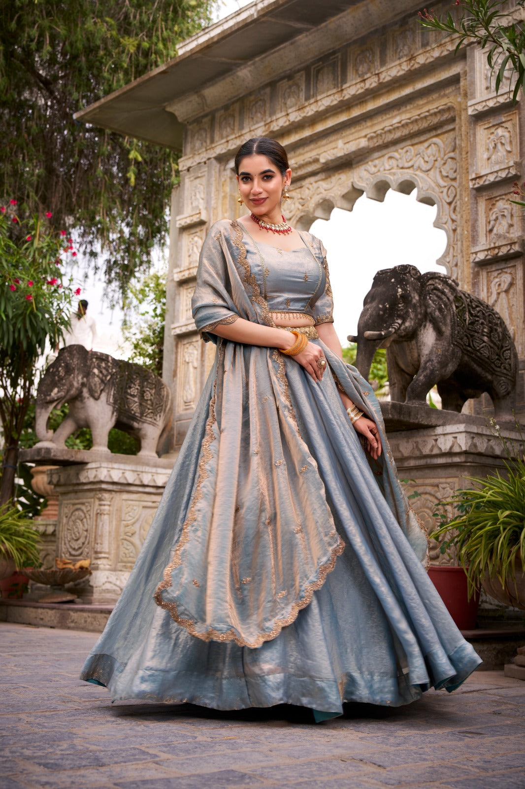 Sky Blue Designer Fendi Lehenga Choli Set with Sequins & Thread Embroidery  Heavy Flair Stitched Lehenga with Dupatta Secondary image