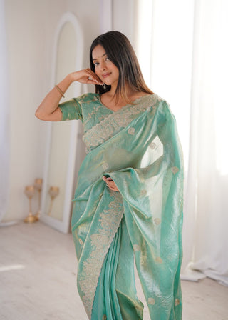 Sky Blue Designer Fendy Crush Saree ClothsVilla