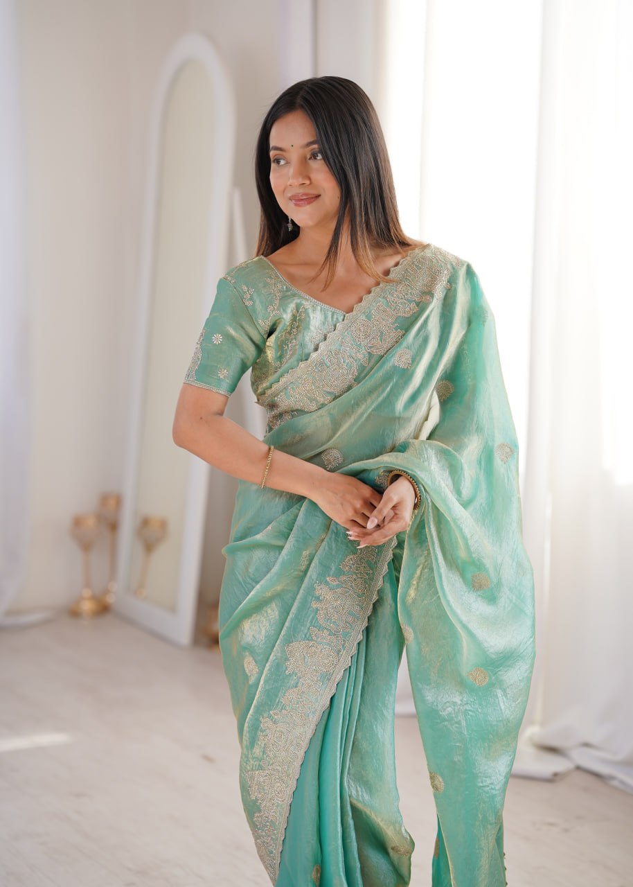 Sky Blue Designer Fendy Crush Saree ClothsVilla