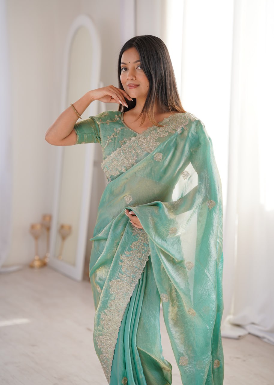 Sky Blue Designer Fendy Crush Saree ClothsVilla