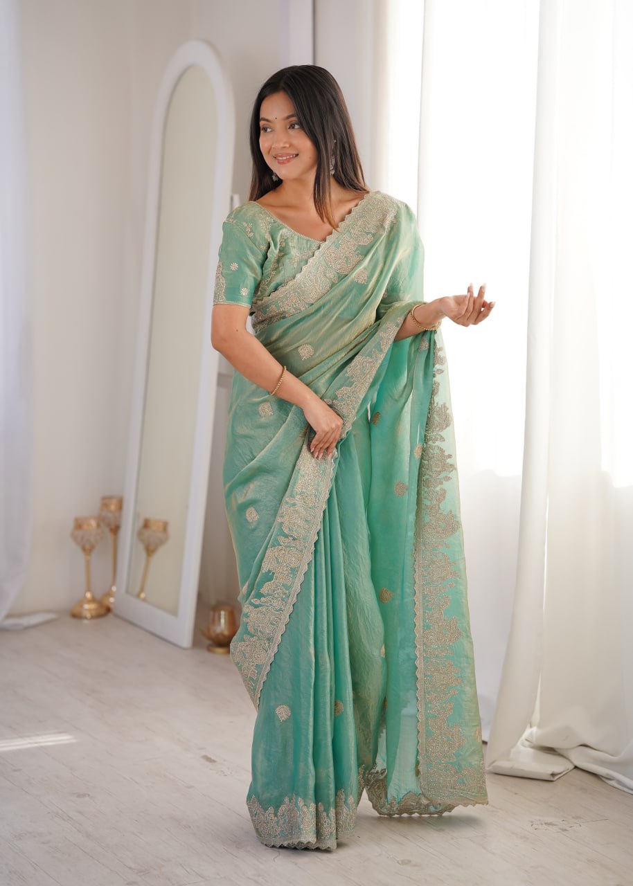 Sky Blue Designer Fendy Crush Saree ClothsVilla