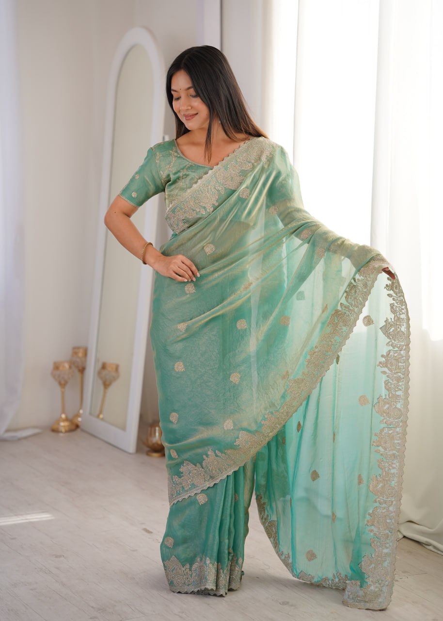 Sky Blue Designer Fendy Crush Saree ClothsVilla