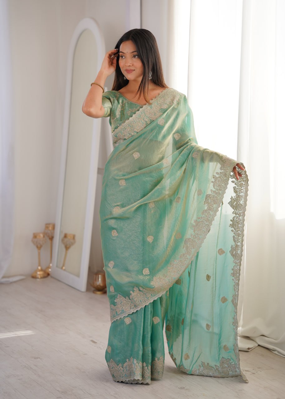 Sky Blue Designer Fendy Crush Saree ClothsVilla
