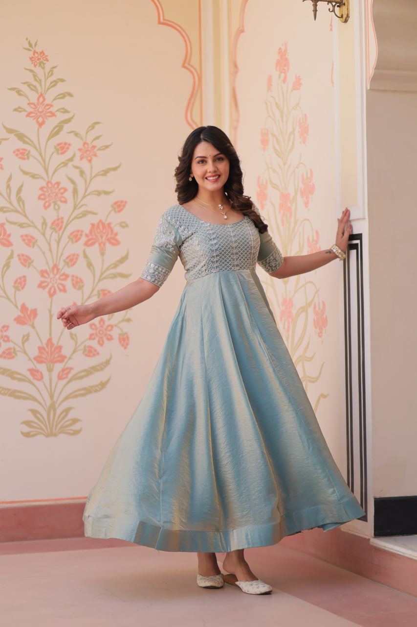 Sky Blue Designer Fendy Embroidered Gown with Bead Detailing Kali Pattern Stitch ClothsVilla