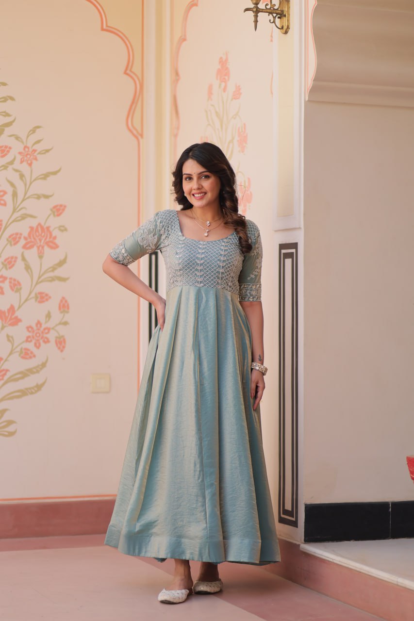 Sky Blue Designer Fendy Embroidered Gown with Bead Detailing Kali Pattern Stitch ClothsVilla Main image