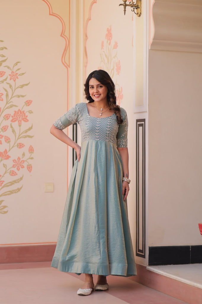 Sky Blue Designer Fendy Embroidered Gown with Bead Detailing Kali Pattern Stitch ClothsVilla