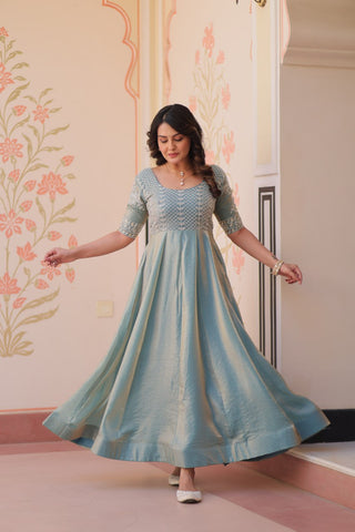 Sky Blue Designer Fendy Embroidered Gown with Bead Detailing Kali Pattern Stitch ClothsVilla