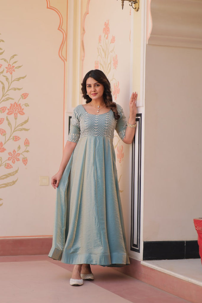 Sky Blue Designer Fendy Embroidered Gown with Bead Detailing Kali Pattern Stitch ClothsVilla