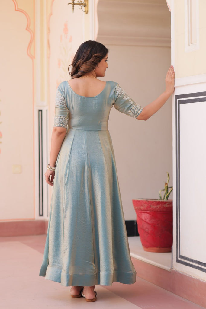 Sky Blue Designer Fendy Embroidered Gown with Bead Detailing Kali Pattern Stitch ClothsVilla