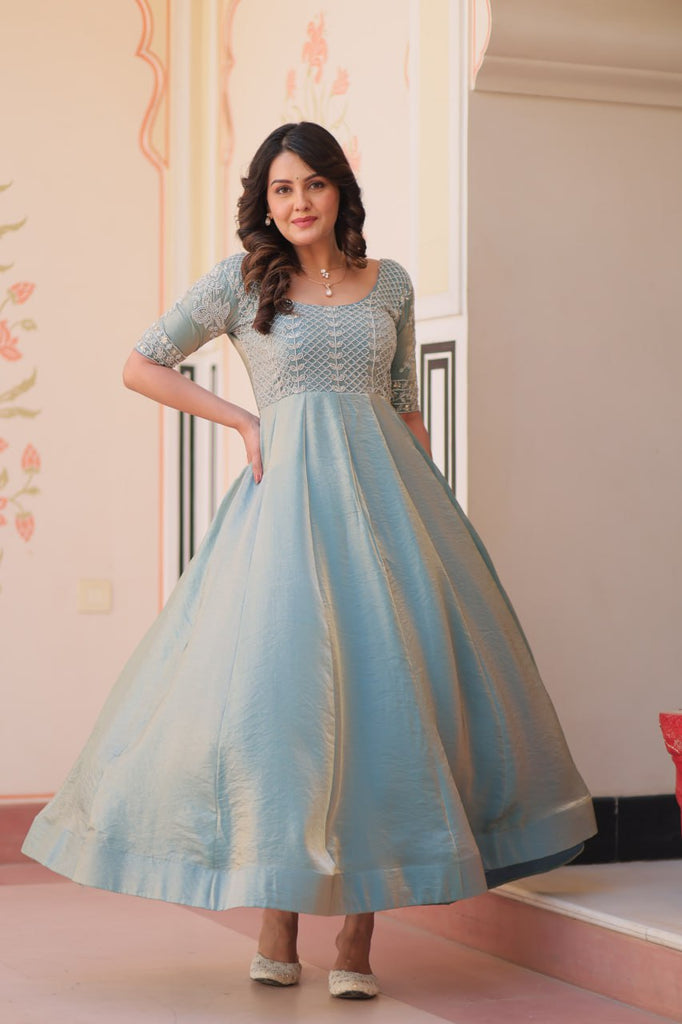 Sky Blue Designer Fendy Embroidered Gown with Bead Detailing Kali Pattern Stitch ClothsVilla