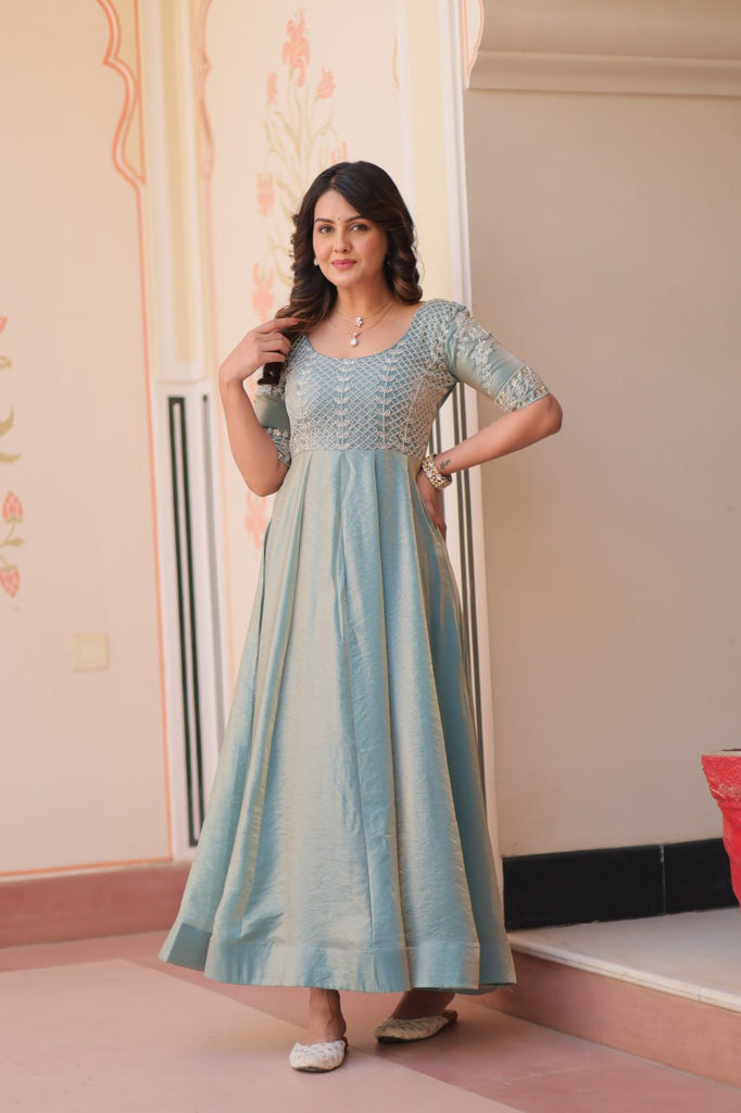 Sky Blue Designer Fendy Embroidered Gown with Bead Detailing Kali Pattern Stitch ClothsVilla