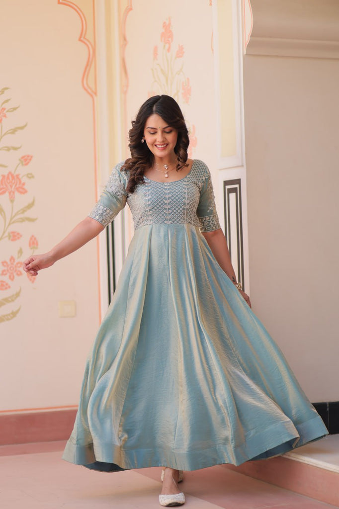 Sky Blue Designer Fendy Embroidered Gown with Bead Detailing Kali Pattern Stitch ClothsVilla