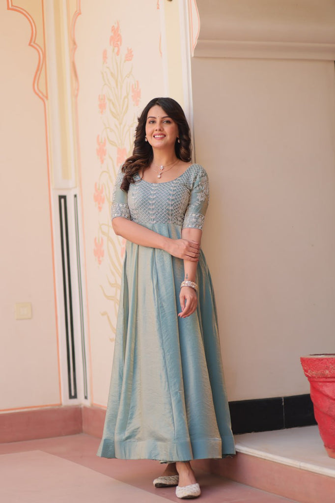 Sky Blue Designer Fendy Embroidered Gown with Bead Detailing Kali Pattern Stitch ClothsVilla