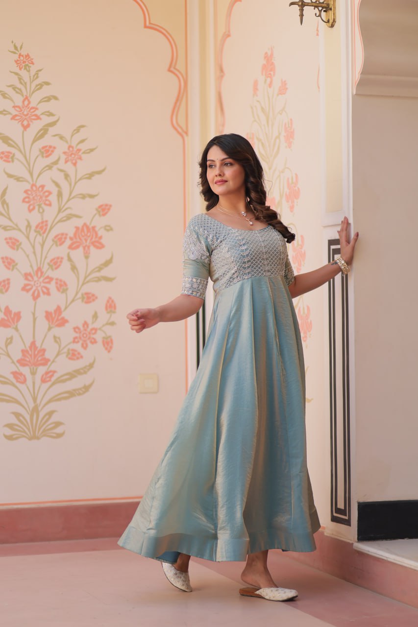 Sky Blue Designer Fendy Embroidered Gown with Bead Detailing Kali Pattern Stitch ClothsVilla
