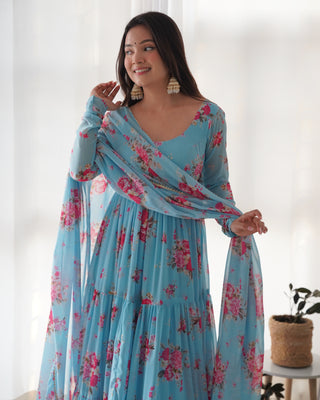 Sky Blue Designer Floral Print Anarkali Set with Dupatta & Pant Ready-to-Wear Festive & Wedding Outfit