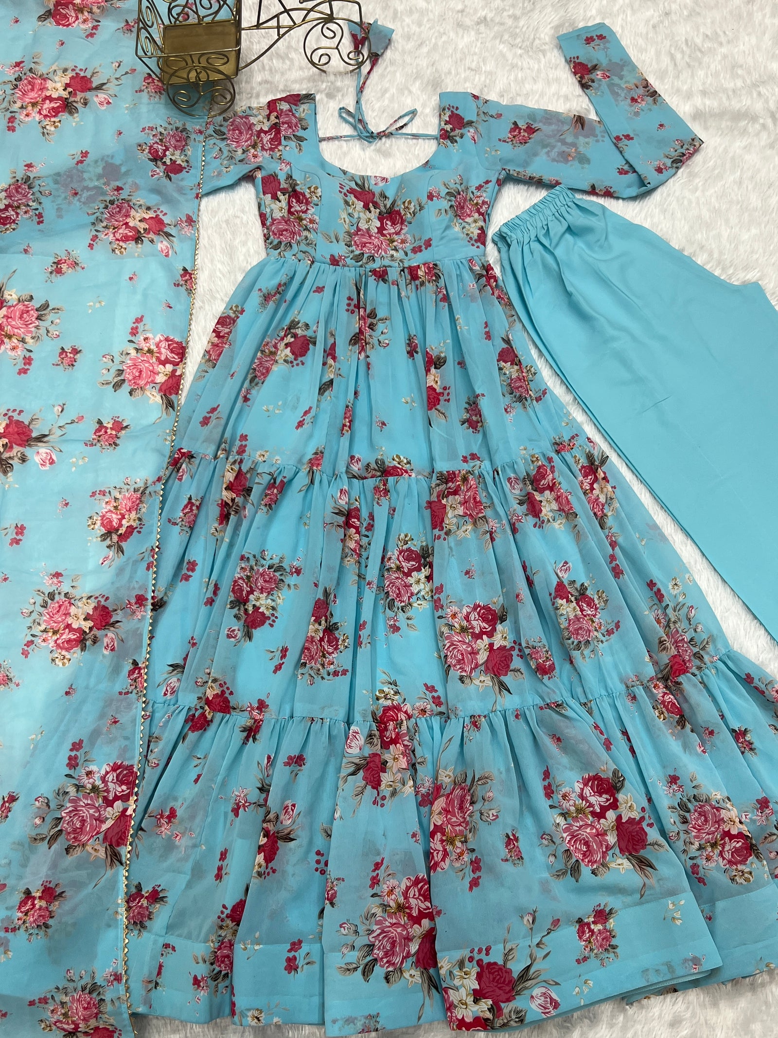 Sky Blue Designer Floral Print Anarkali Set with Dupatta & Pant Ready-to-Wear Festive & Wedding Outfit