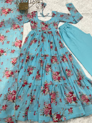 Sky Blue Designer Floral Print Anarkali Set with Dupatta & Pant Ready-to-Wear Festive & Wedding Outfit