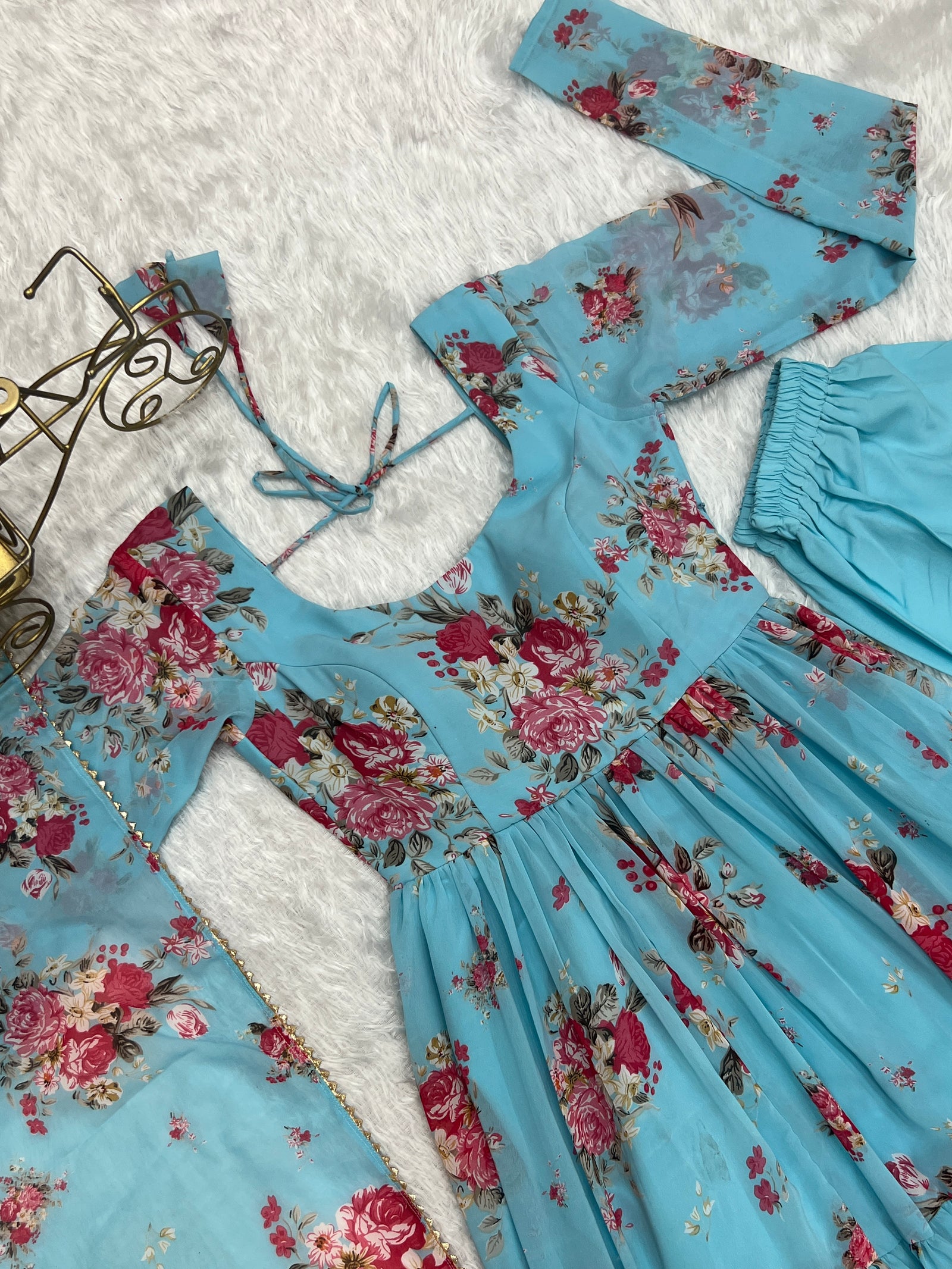 Sky Blue Designer Floral Print Anarkali Set with Dupatta & Pant Ready-to-Wear Festive & Wedding Outfit