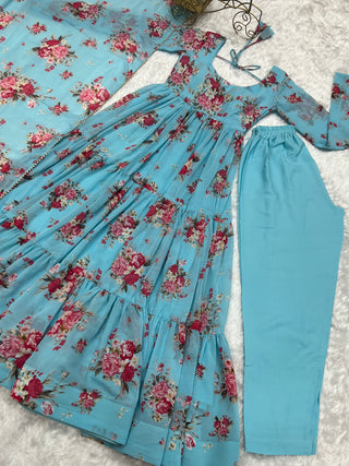 Sky Blue Designer Floral Print Anarkali Set with Dupatta & Pant Ready-to-Wear Festive & Wedding Outfit