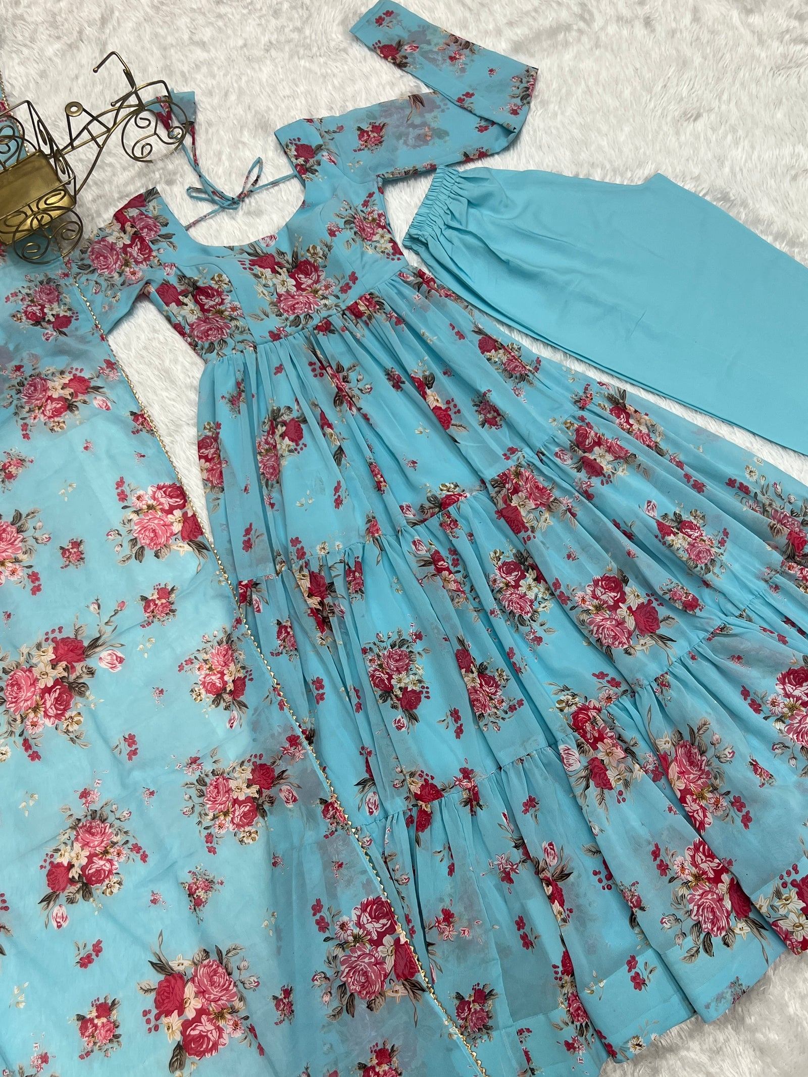 Sky Blue Designer Floral Print Anarkali Set with Dupatta & Pant Ready-to-Wear Festive & Wedding Outfit