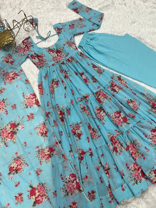 Sky Blue Designer Floral Print Anarkali Set with Dupatta & Pant Ready-to-Wear Festive & Wedding Outfit