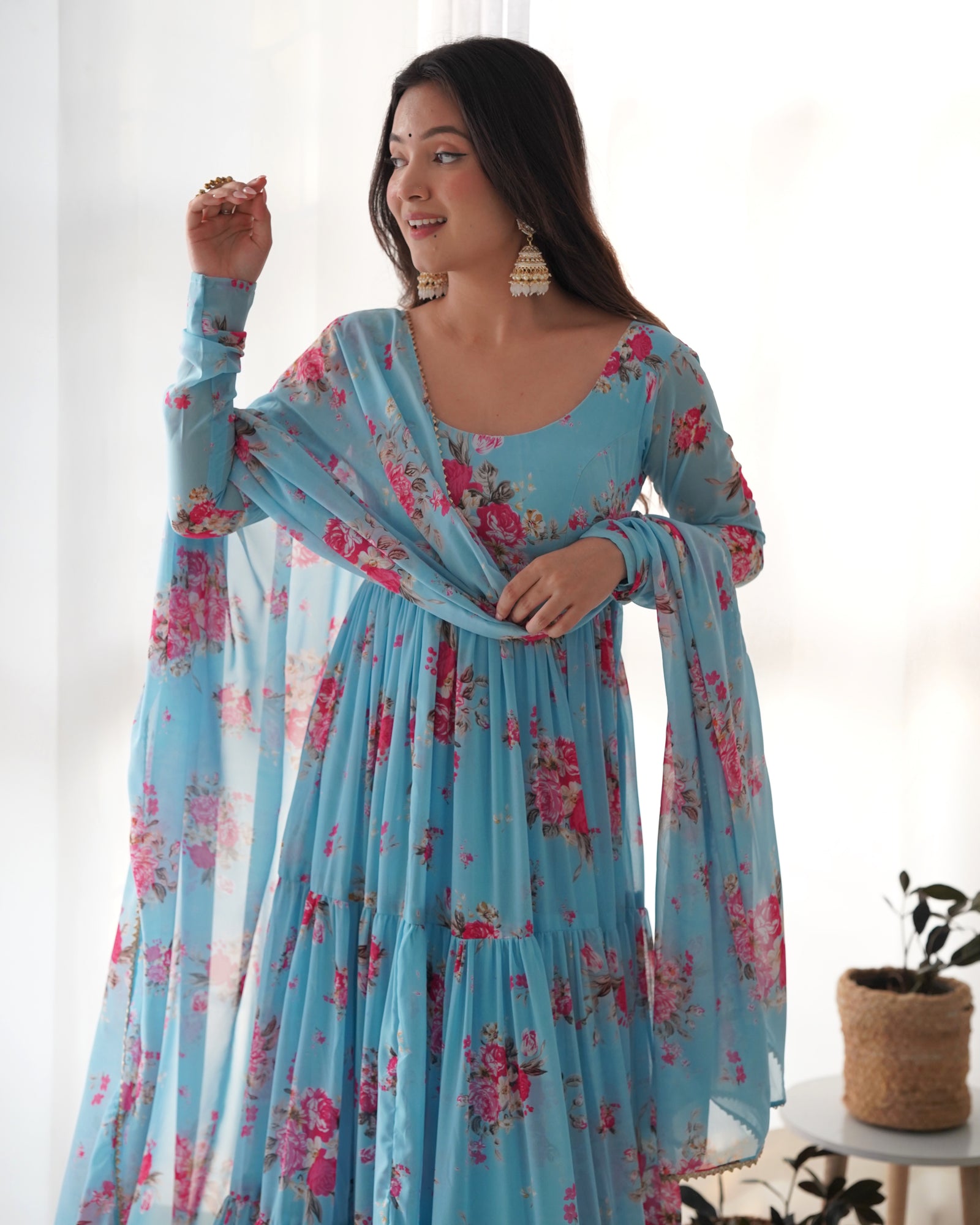 Sky Blue Designer Floral Print Anarkali Set with Dupatta & Pant Ready-to-Wear Festive & Wedding Outfit