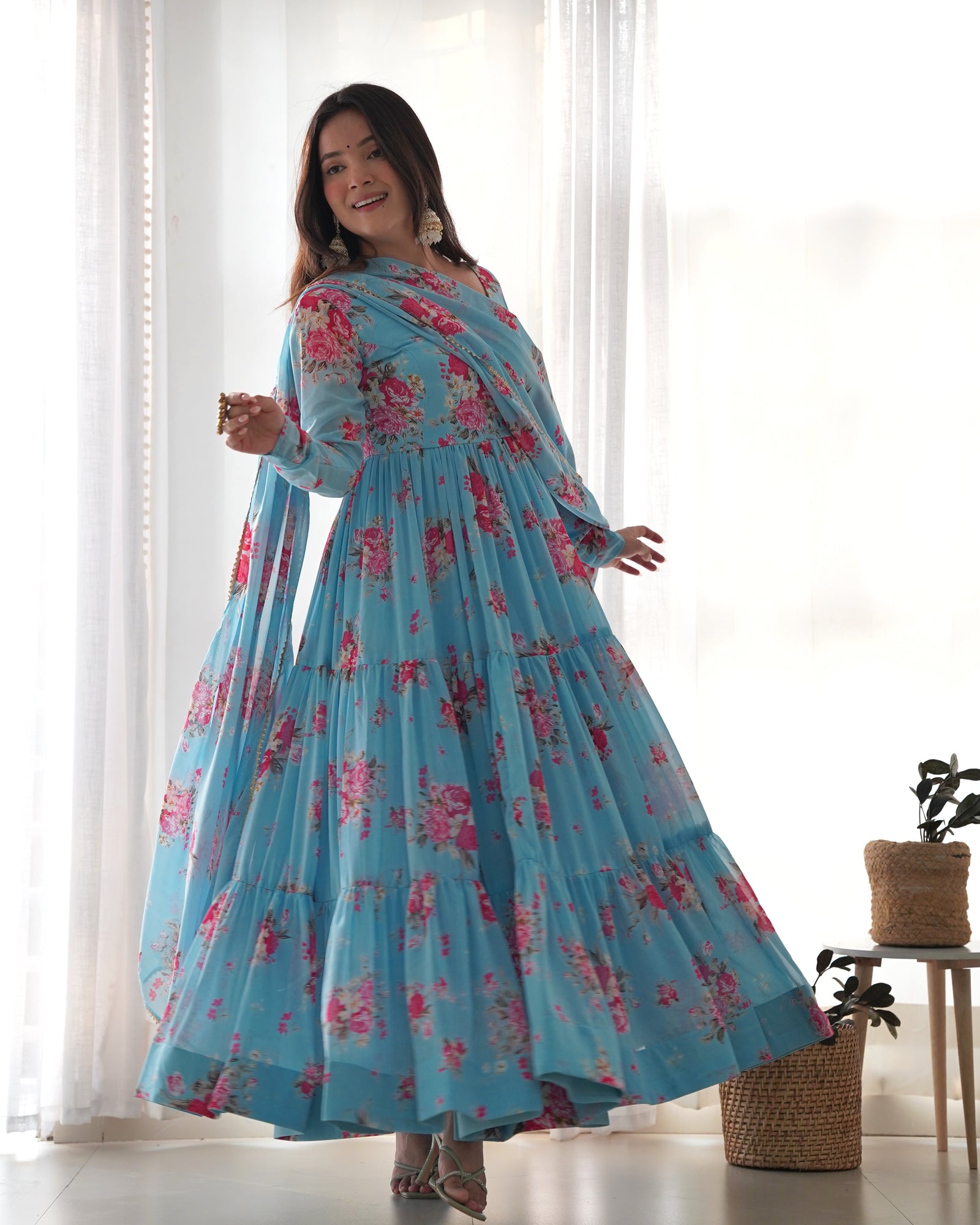 Sky Blue Designer Floral Print Anarkali Set with Dupatta & Pant Ready-to-Wear Festive & Wedding Outfit