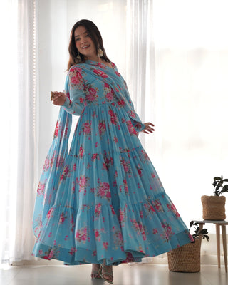 Sky Blue Designer Floral Print Anarkali Set with Dupatta & Pant Ready-to-Wear Festive & Wedding Outfit