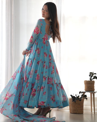 Sky Blue Designer Floral Print Anarkali Set with Dupatta & Pant Ready-to-Wear Festive & Wedding Outfit