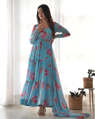 Sky Blue Designer Floral Print Anarkali Set with Dupatta & Pant Ready-to-Wear Festive & Wedding Outfit