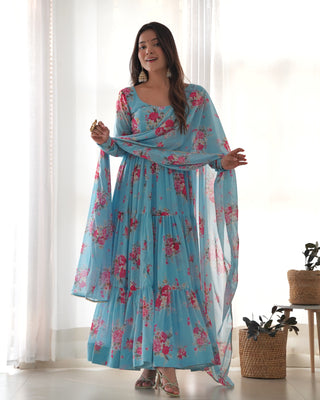 Sky Blue Designer Floral Print Anarkali Set with Dupatta & Pant Ready-to-Wear Festive & Wedding Outfit