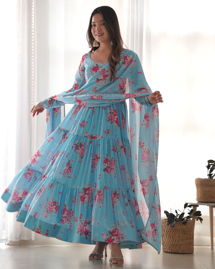 anarkali dress sky blue Sky Blue Embroidered Tissue Anarkali