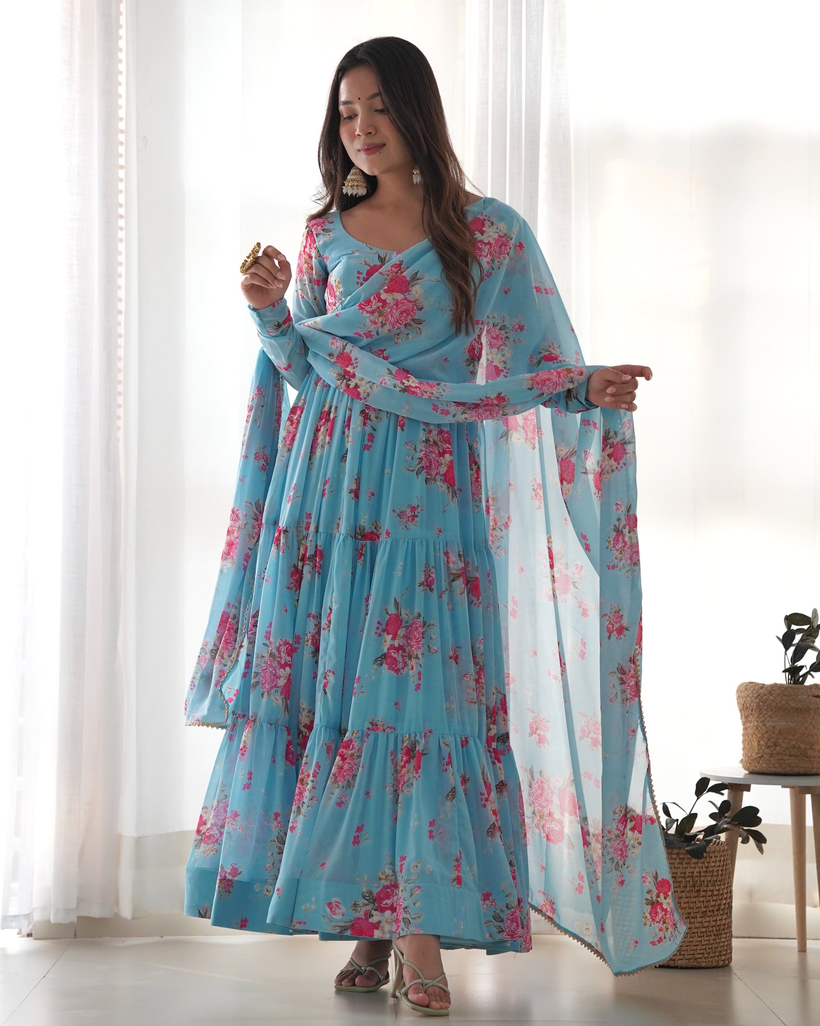Sky Blue Designer Floral Print Anarkali Set with Dupatta & Pant Ready-to-Wear Festive & Wedding Outfit