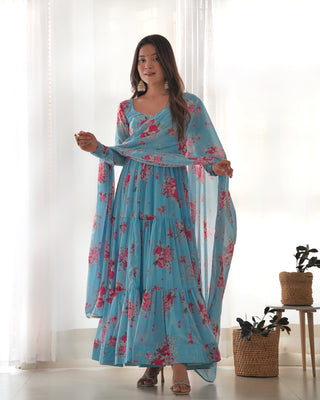 Sky Blue Designer Floral Print Anarkali Set with Dupatta & Pant Ready-to-Wear Festive & Wedding Outfit