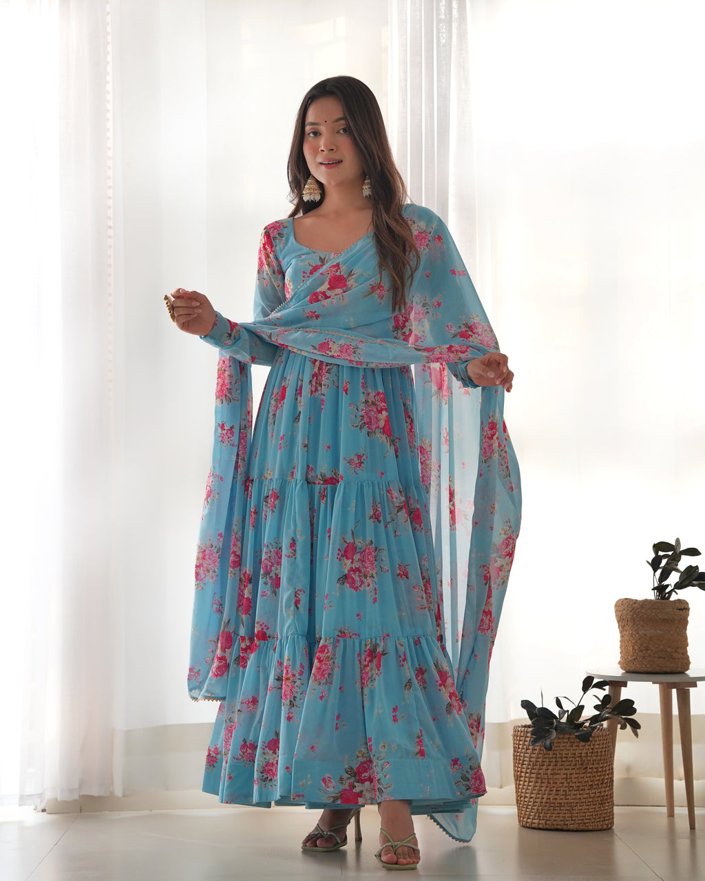 Sky Blue Designer Floral Print Anarkali Set with Dupatta & Pant Ready-to-Wear Festive & Wedding Outfit