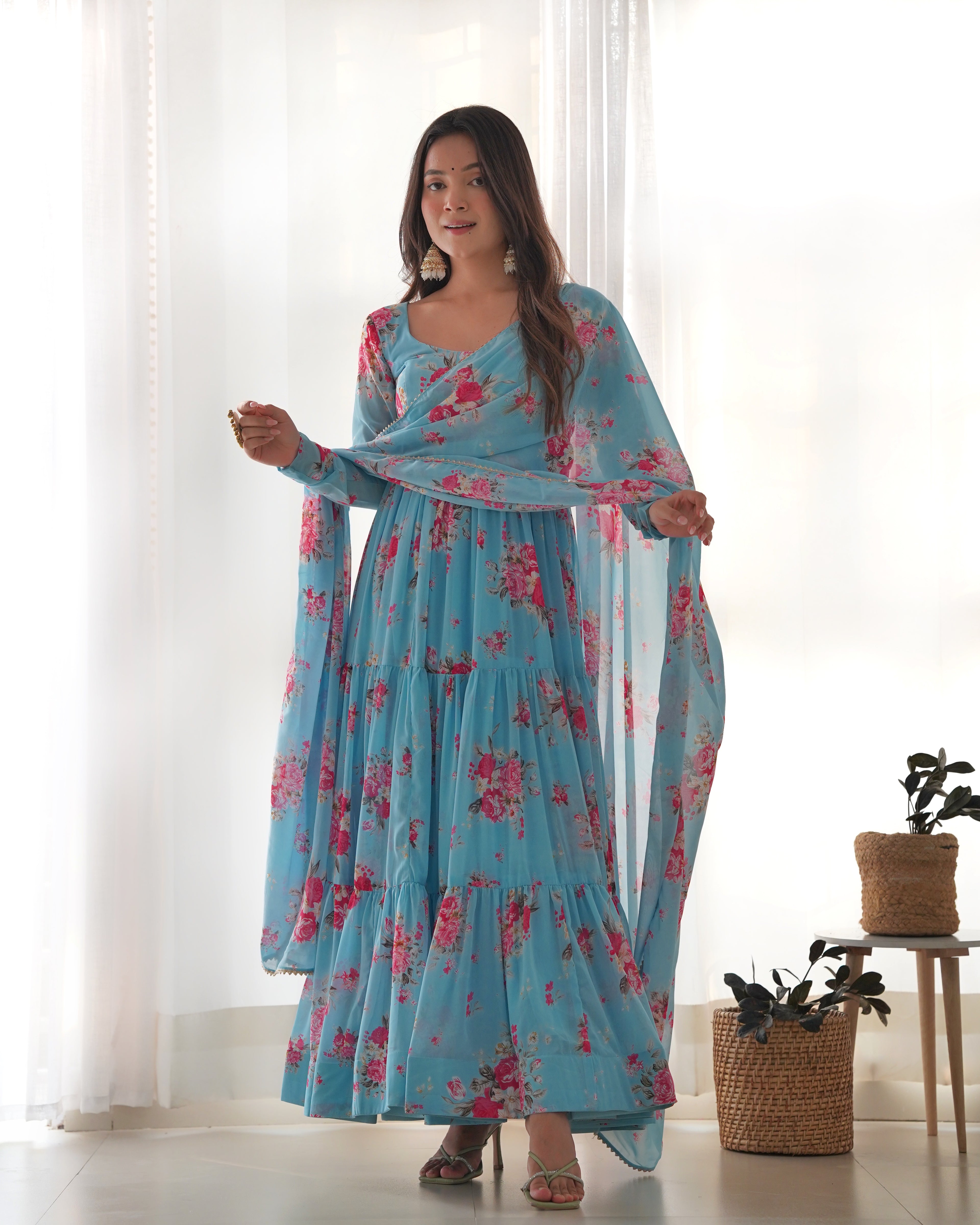 Sky Blue Designer Floral Print Anarkali Set with Dupatta & Pant Ready-to-Wear Festive & Wedding Outfit