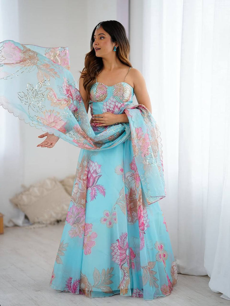 Sky Blue Designer Organza Lehenga Set with Corset Blouse, Embroidered Dupatta & Batwa ClothsVilla