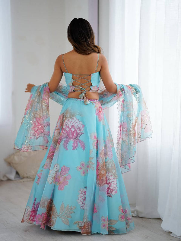 Sky Blue Designer Organza Lehenga Set with Corset Blouse, Embroidered Dupatta & Batwa ClothsVilla