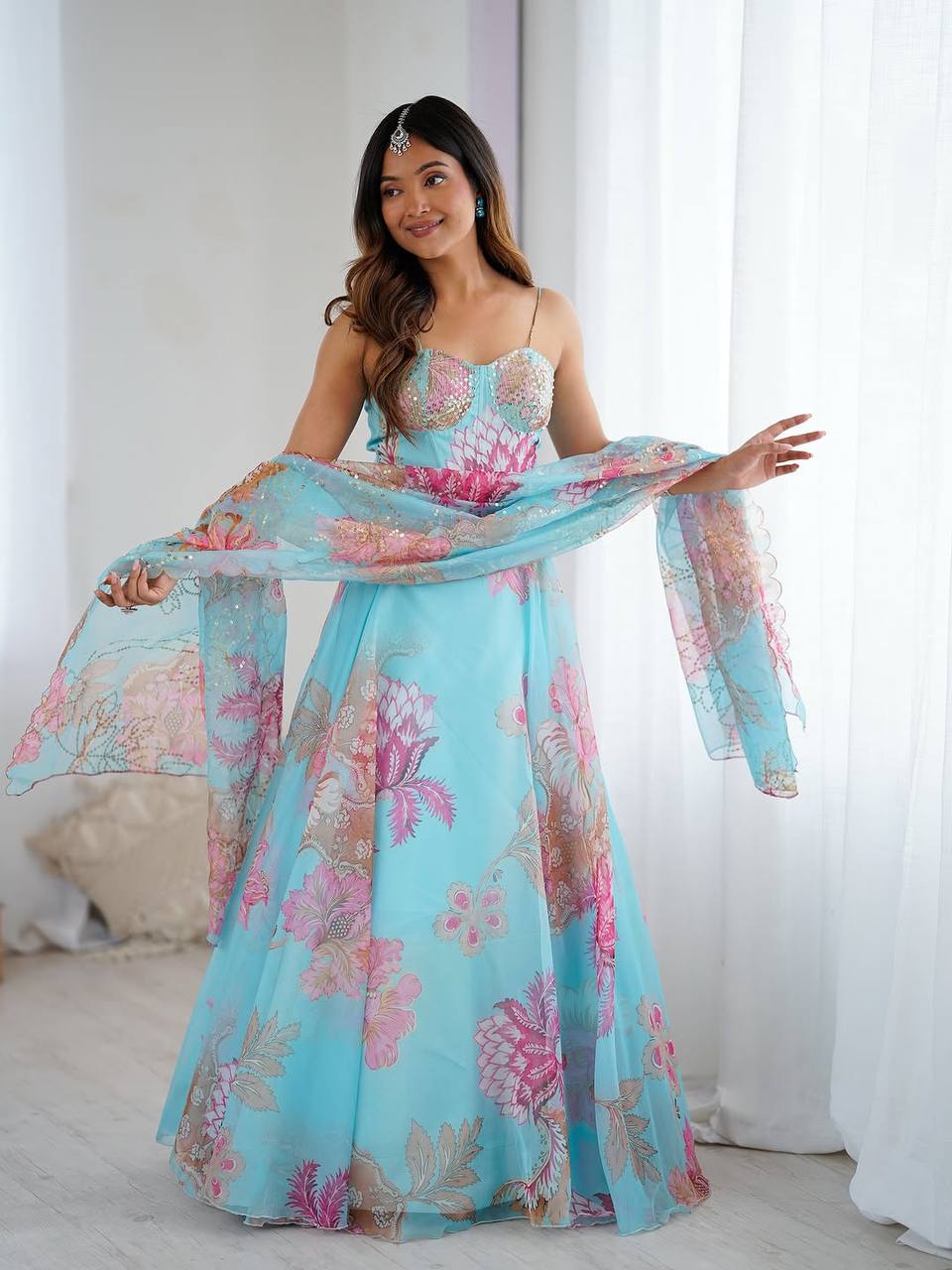 Sky Blue Designer Organza Lehenga Set with Corset Blouse, Embroidered Dupatta & Batwa ClothsVilla