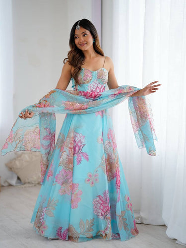 Sky Blue Designer Organza Lehenga Set with Corset Blouse, Embroidered Dupatta & Batwa ClothsVilla