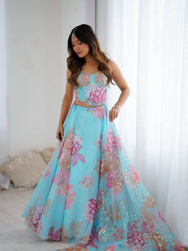 Sky Blue Designer Organza Lehenga Set with Corset Blouse, Embroidered Dupatta & Batwa ClothsVilla