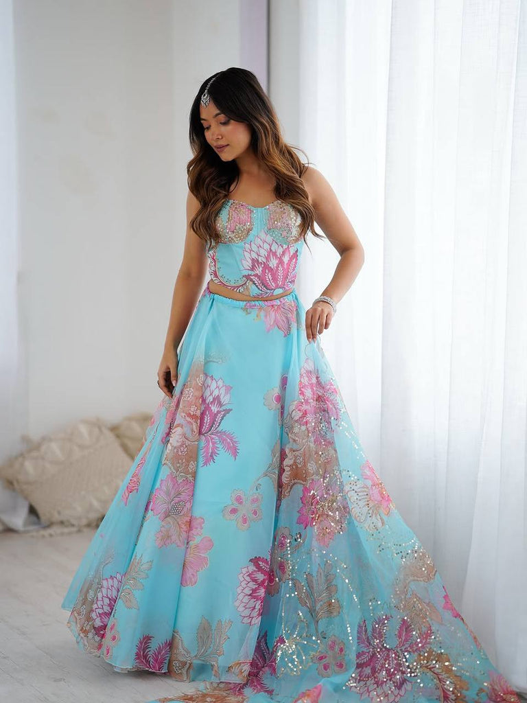 Sky Blue Designer Organza Lehenga Set with Corset Blouse, Embroidered Dupatta & Batwa ClothsVilla