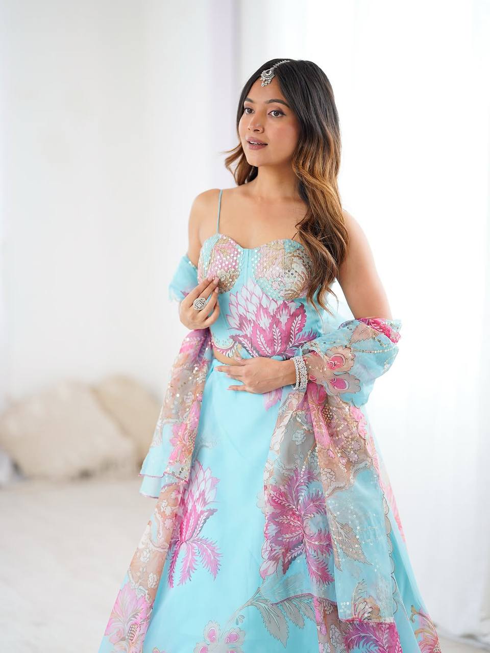 Sky Blue Designer Organza Lehenga Set with Corset Blouse, Embroidered Dupatta & Batwa ClothsVilla