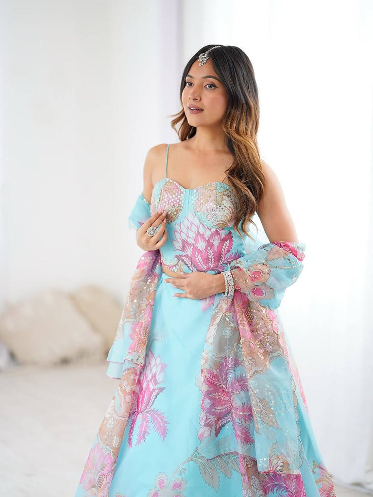 Sky Blue Designer Organza Lehenga Set with Corset Blouse, Embroidered Dupatta & Batwa ClothsVilla