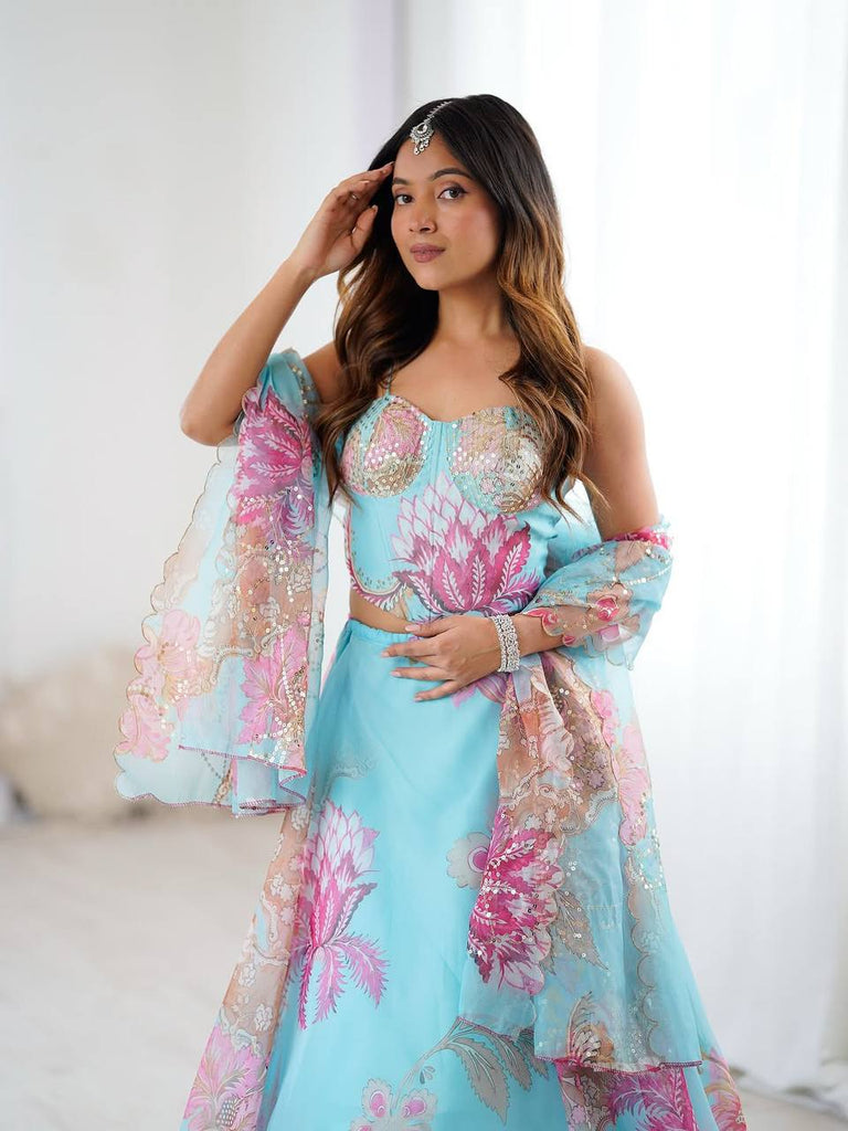 Sky Blue Designer Organza Lehenga Set with Corset Blouse, Embroidered Dupatta & Batwa ClothsVilla