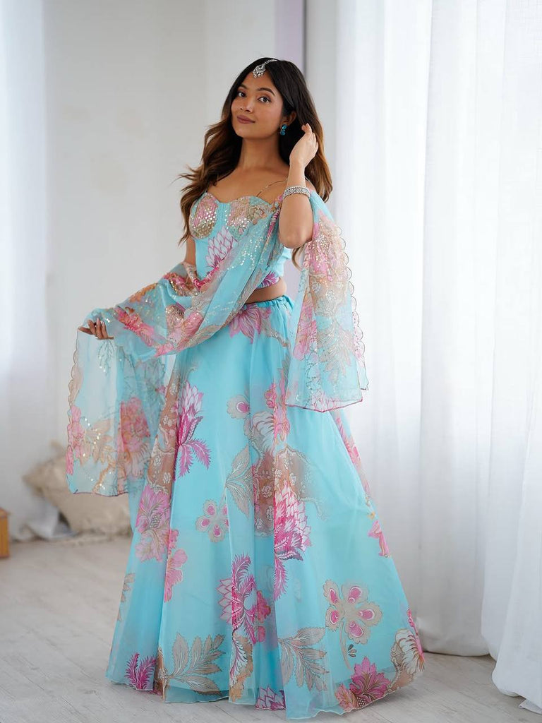 Sky Blue Designer Organza Lehenga Set with Corset Blouse, Embroidered Dupatta & Batwa ClothsVilla