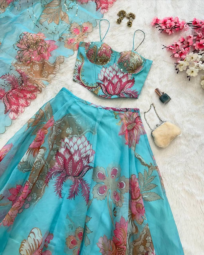 Sky Blue Designer Organza Lehenga Set with Corset Blouse, Embroidered Dupatta & Batwa ClothsVilla