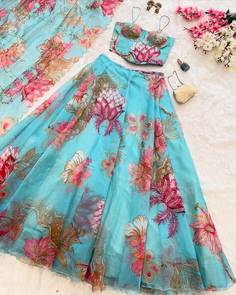 Sky Blue Designer Organza Lehenga Set with Corset Blouse, Embroidered Dupatta & Batwa ClothsVilla
