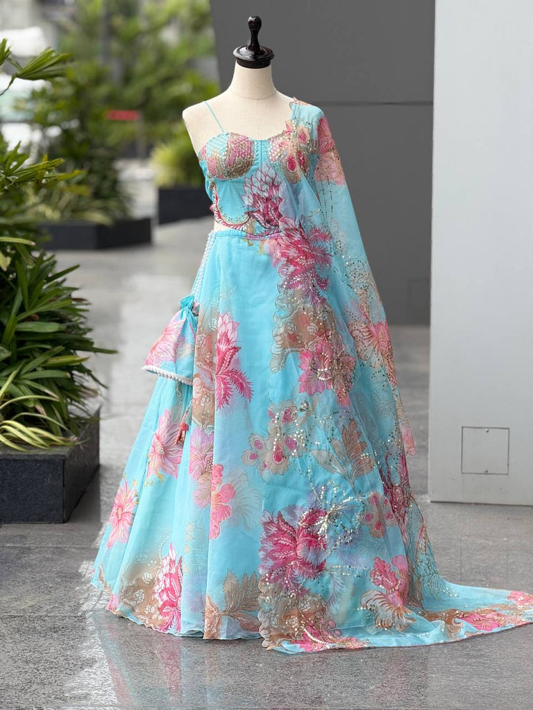 Sky Blue Designer Organza Lehenga Set with Corset Blouse, Embroidered Dupatta & Batwa ClothsVilla